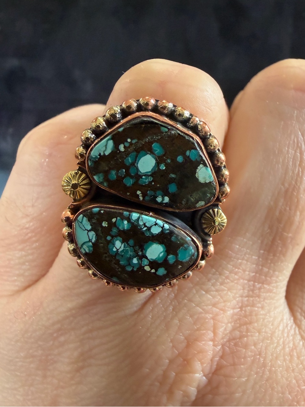 Navajo Inspired Double Hubei Turquoise Stone Bezel Mount Copper Ring Size 7